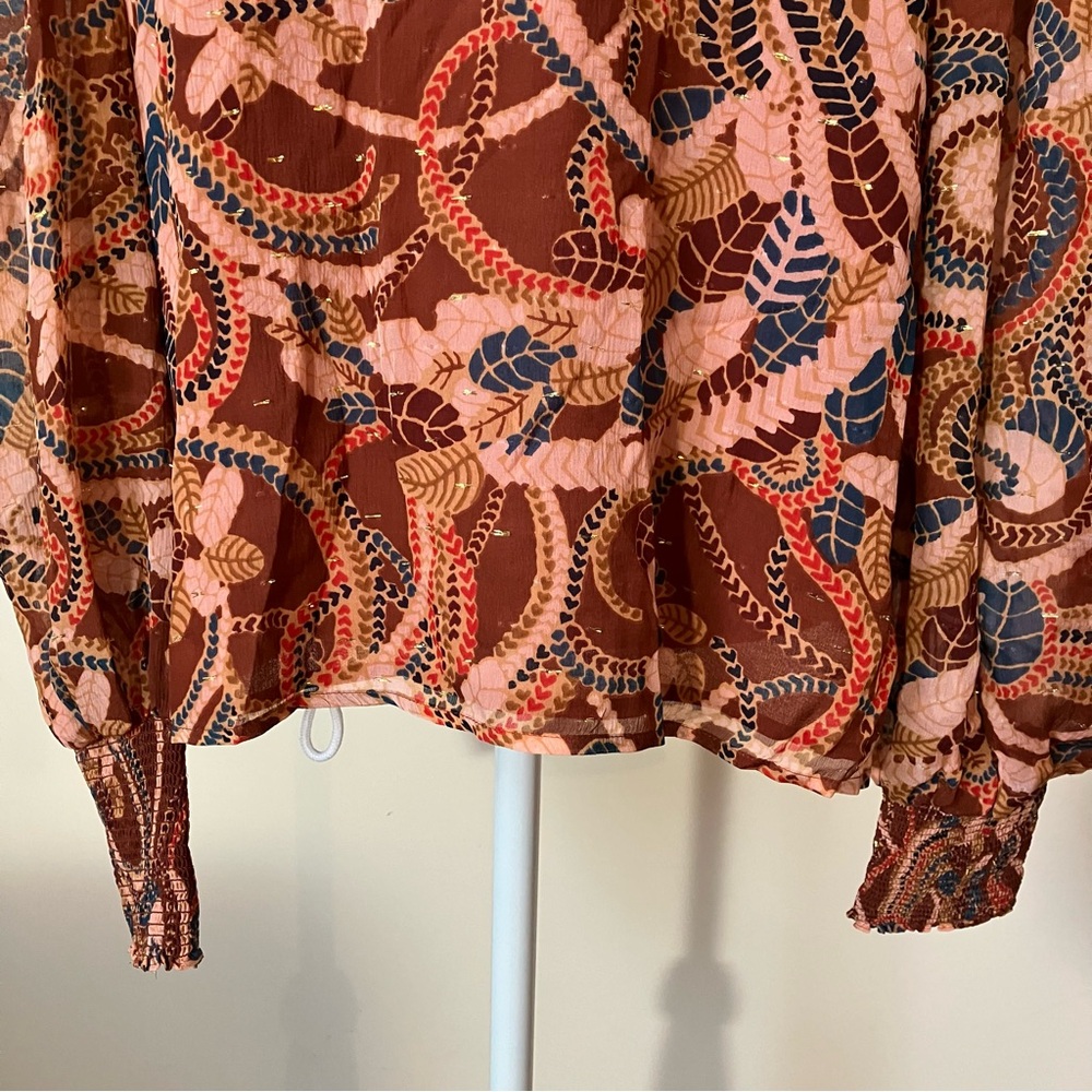 A.L.C. Silk Chiffon Metallic Thread Ginger Botanical Print Keyhole Blouse size 6 - Picture 10 of 10